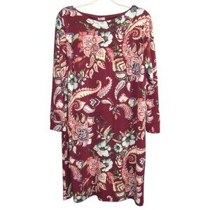 Chicos Burgundy Floral Shift Dress Womens Size L 2 Knee Length Long Sleeve Lined